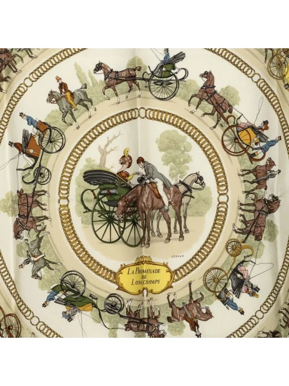 Hermes Carre 90 la Promenade de Longchamps Walkway to Ron Chien Scarf Green